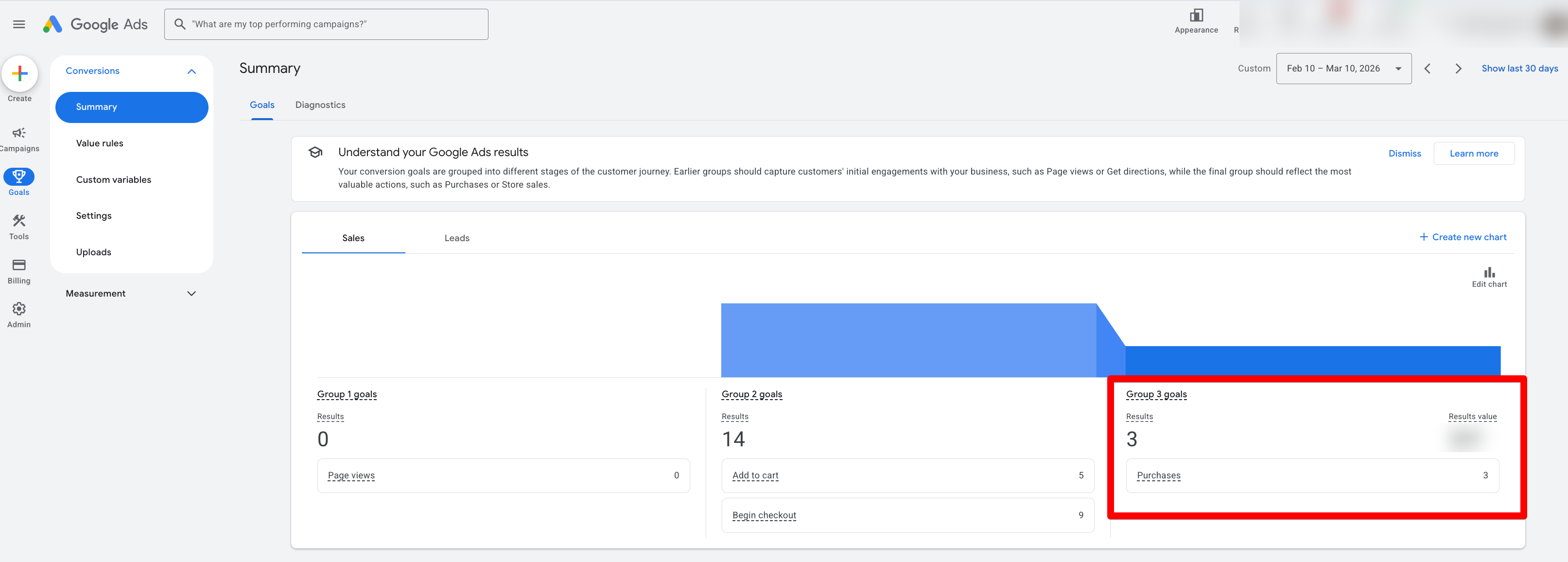 Google Ads showing 3 conversions (Purchases) in the period Feb 10–Mar 10, 2026